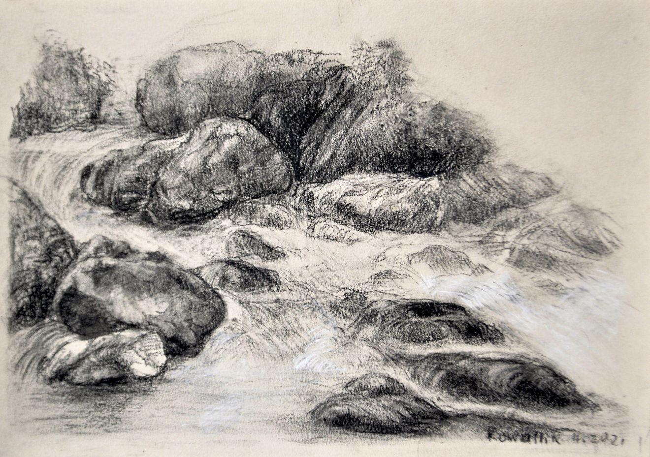 Steine im Bach. Kohle auf getöntem Papier, 2021. Format: 29,7 x 21 cm