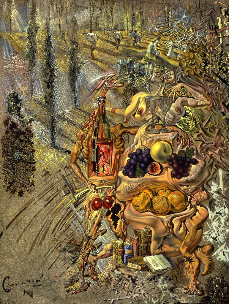 Дионис, выплевывающий цельный образ Кадакеса на кончик языка трехэтажной гаудианской женщине - Сальвадор Дали (1958)