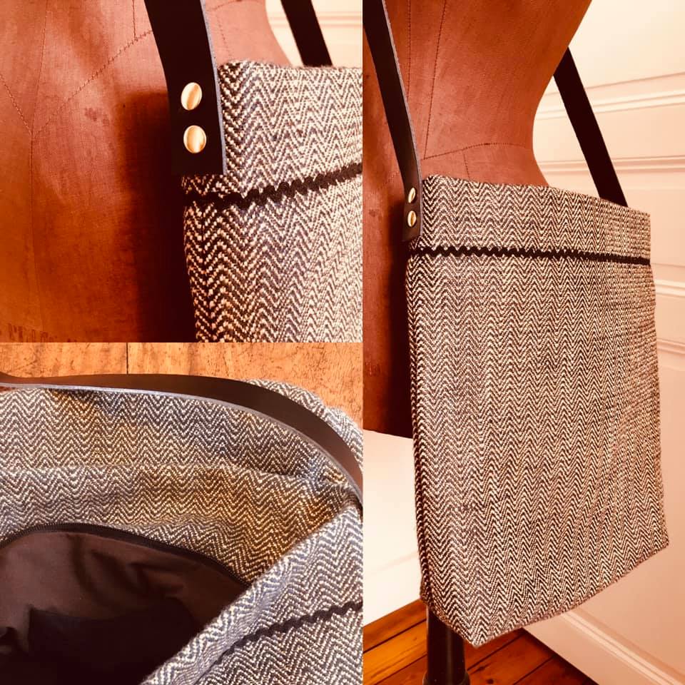 sac en chevron marron avec anse en cuir