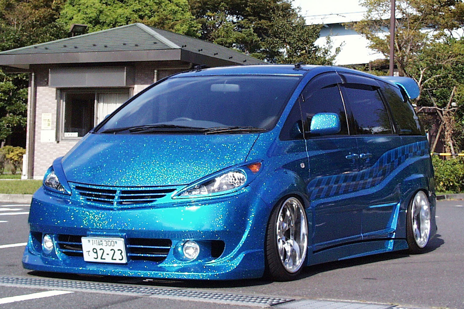 、カメレオンフレークでカスタムペイントしたフルエアロキットのトヨタエスティマ
