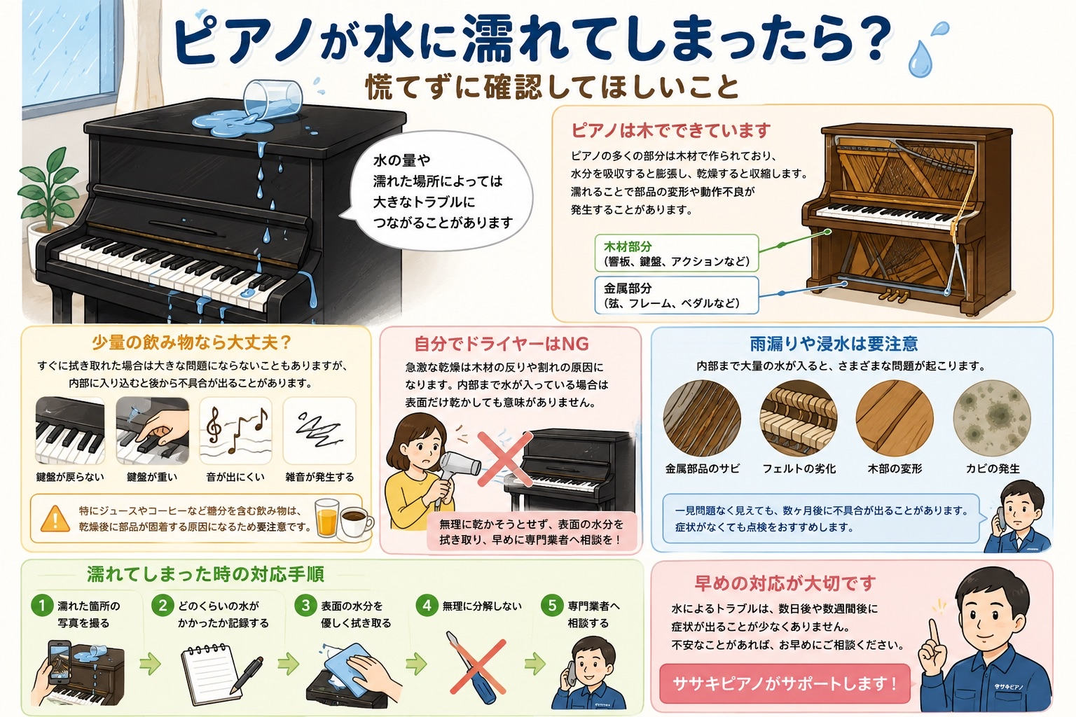 ピアノが水に濡れた(汗)