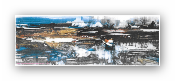 Landschaft am Fjord, Seidenfarben, nicht gerahmt, (Nr 052P)