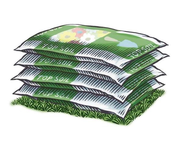 重量や容量で売られる園芸用土。20kg の袋で 60 x 90 cm の区画に相当。野菜が十分に根を生やせる。  KEITH WARD