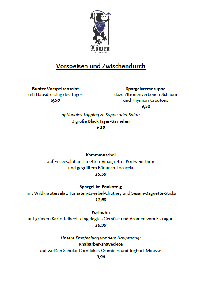 a la carte Restaurant Villingen Gasthaus Löwen Tschortsches Room Abendkarte Essen gehen Innenstadt Vorspeisen