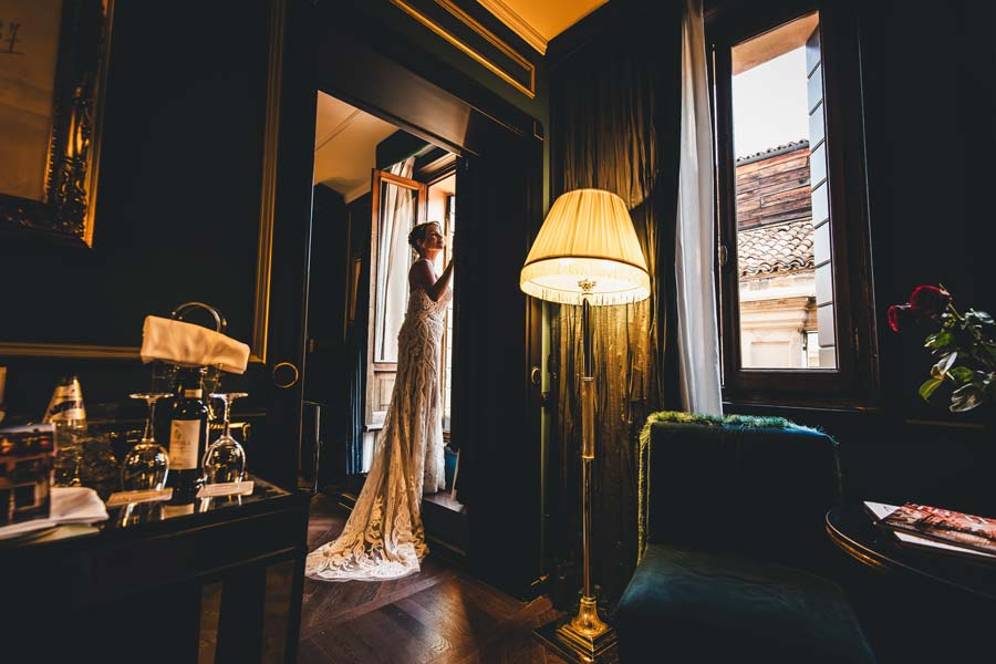 bride’s dress with canal view in the background