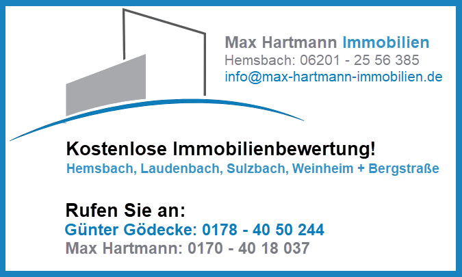 Visitenkarte Vorderseite Max Hartmann Immobilien: Kostenlose Immobilienbewertung!