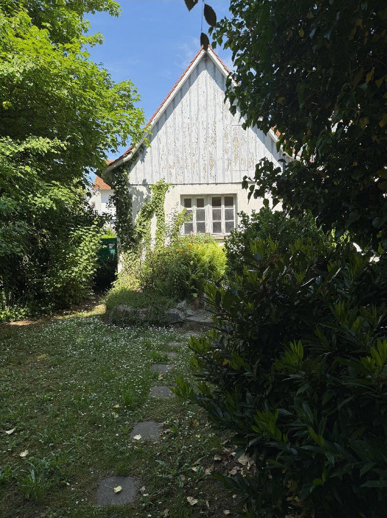 Blick im Garten zur Garage