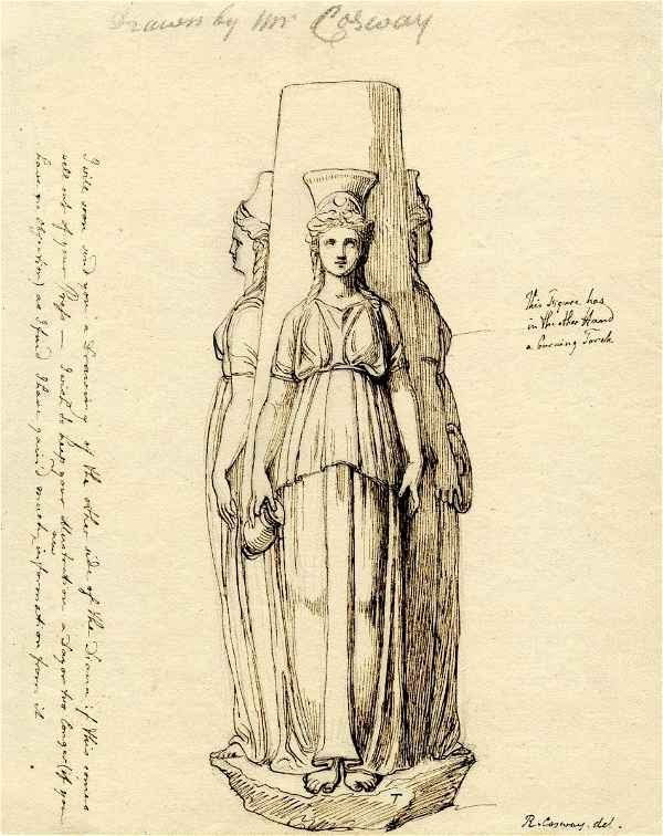 Drawing of a marble statue of the Hecate Trimorph.