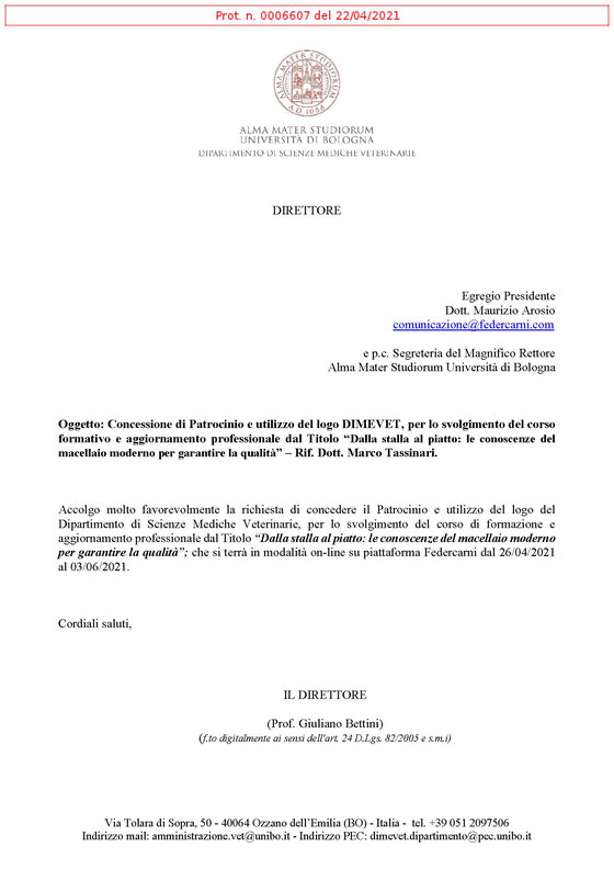 Il corso "Federcarni Academy" ottiene il Patrocinio del DIMEVET Università di Bologna