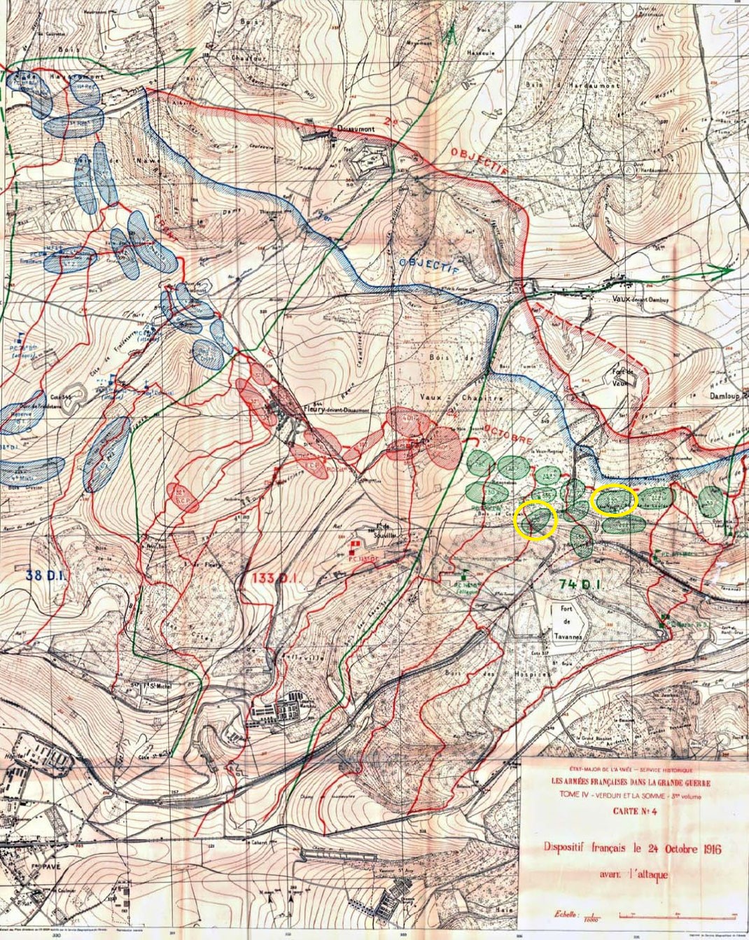 Cerclés en jaune, la position initiale des 5e et 6e bataillons composant le 299e R.I. avant l'attaque