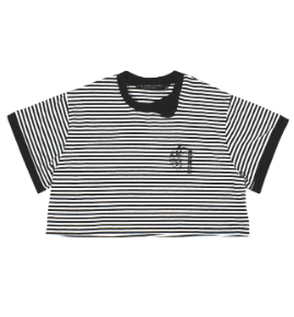 womens black and white striped and embroidered short t-shirt 
