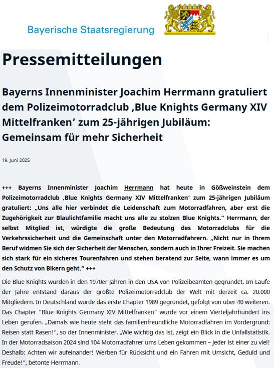 Blue Knights® Germany XIV Mittelfranken e.V.  Polizei-Motorradtouren-Club, Fränkische Schweiz, Bayerisches Staatsministerium, Innenminister Joachim Herrmann, Blue Knights 14 Mitglied Innenminister Joachim Herrmann, Umsetzung: Peter Dorsch Bayreuth "Grisu"