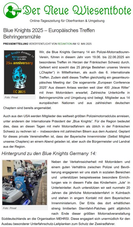 Blue Knights® Germany XIV Mittelfranken e.V.  Polizei-Motorradtouren-Club, Fränkische Schweiz, Bayerisches Staatsministerium, Innenminister Joachim Herrmann, Blue Knights 14 Mitglied Innenminister Joachim Herrmann, Umsetzung: Peter Dorsch Bayreuth "Grisu"