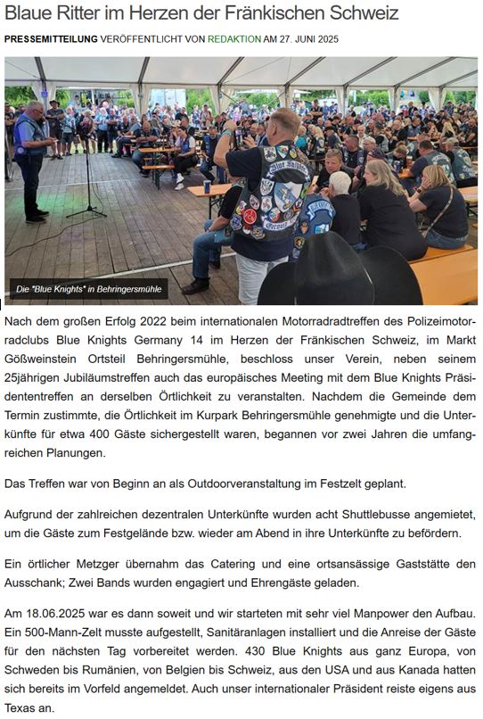 Blue Knights® Germany XIV Mittelfranken e.V.  Polizei-Motorradtouren-Club, Fränkische Schweiz, Bayerisches Staatsministerium, Innenminister Joachim Herrmann, Blue Knights 14 Mitglied Innenminister Joachim Herrmann, Umsetzung: Peter Dorsch Bayreuth "Grisu"