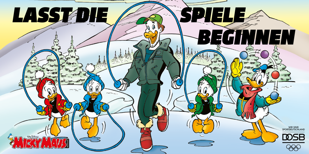 Trimmy und Felix Neureuther besuchen Donald Duck und seine drei Neffen in Entenhausen.  (Copyright: Disney)