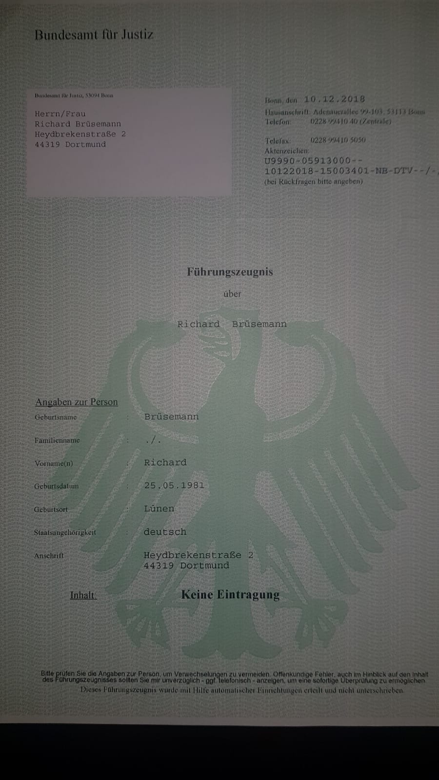 Führungszeugnis von Richard