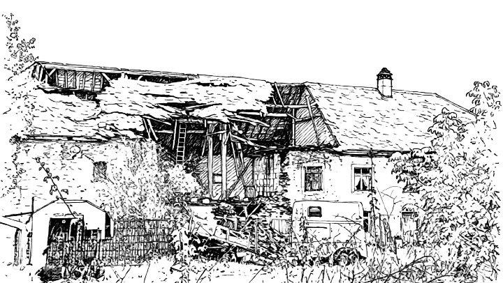 Dessin noir et blanc montrant la ferme dont la grange a cédé et s'est effondrée.