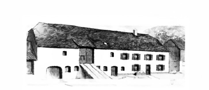 Dessin noir et blang de la ferme à grange haute du Kiischpelt dans son état d’origine. 