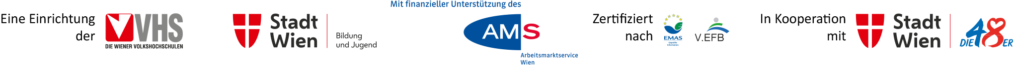 Fördergeber Logos: VHS Wien, MA 12, AMS Wien; Zertifiziert nach: EMAS, V.EFB; in Kooperation mit: MA 48
