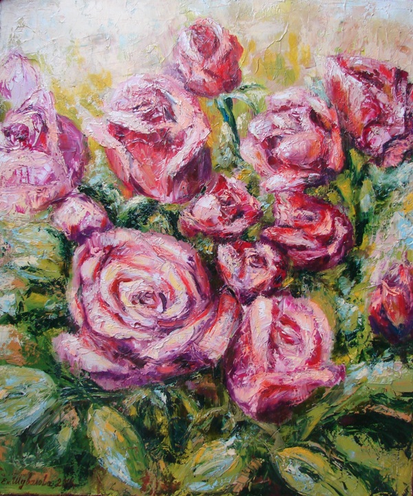 painting " Roses." 2014. Canvas/oil,palette knife, 19.7 W x 23.6 H (50 x 60 сentimeters 