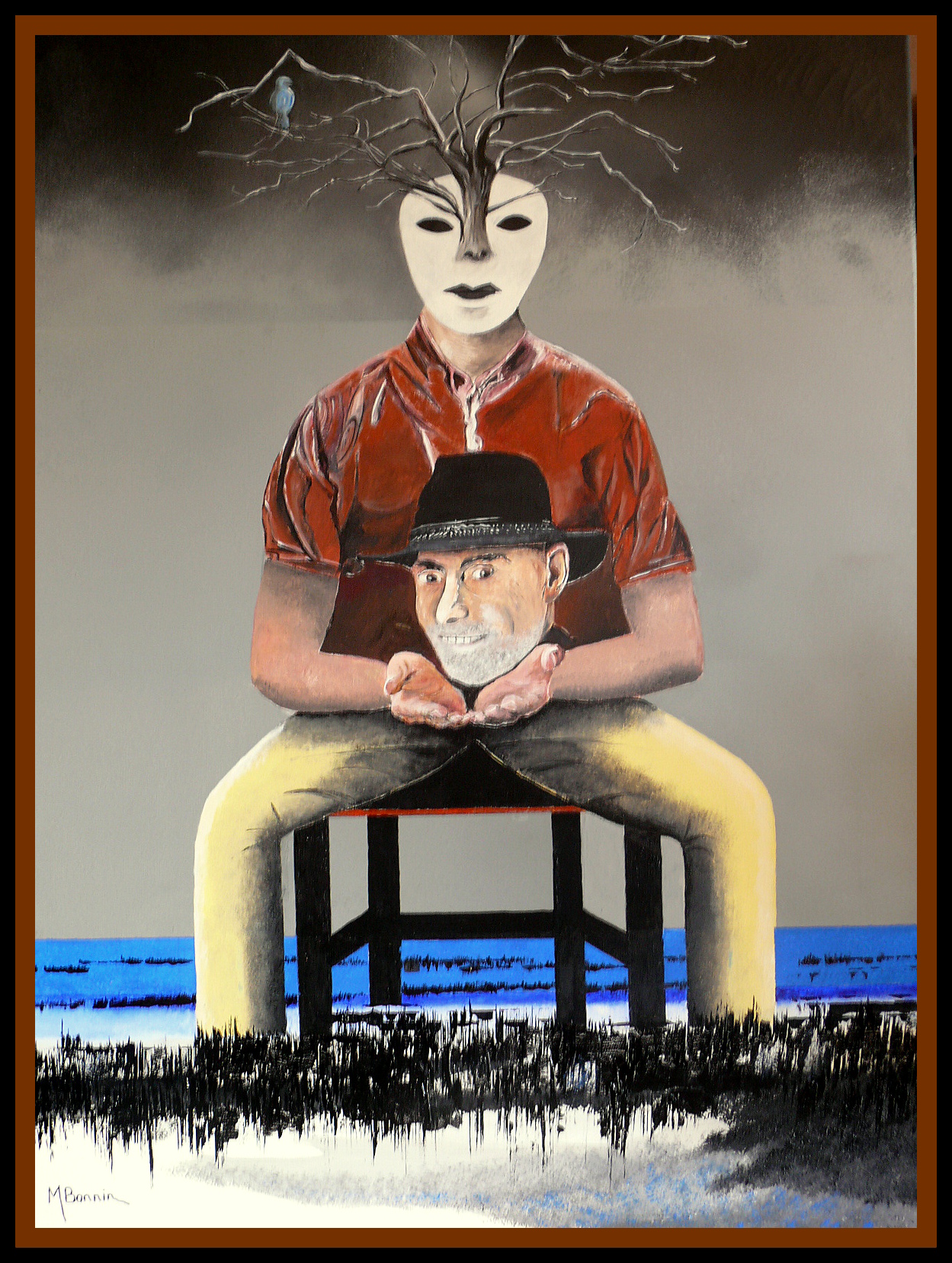 Auto-portait à l'oiseau bleu. Acrylique sur toile de lin – 54 x 73cm – 2020