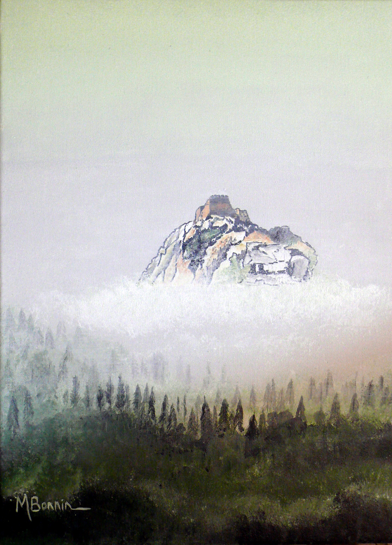Brouillard à Montségur. Acrylique sur toile – 41cm x 33cm - Don Mickaël -