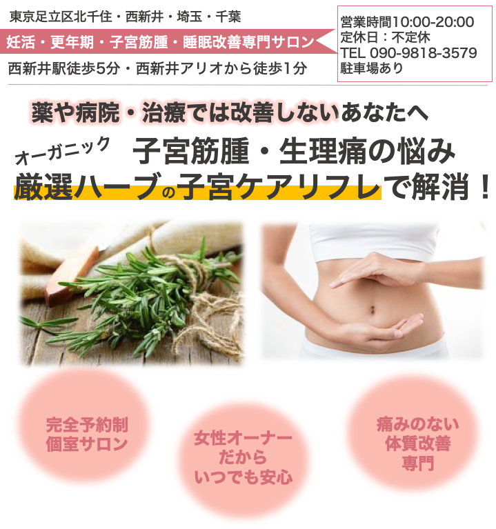 更年期 子宮筋腫 婦人系の体質改善 北千住 西新井の専門サロン 西新井駅徒歩5分 ハーブピーリング 肌質改善 よもぎ蒸し体質改善