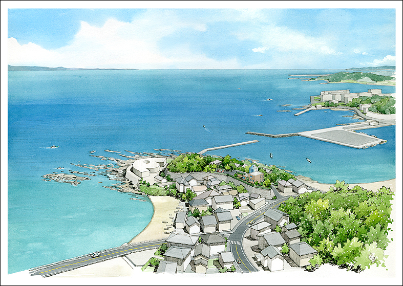 手書き海辺パース　waterfront perspective drawing