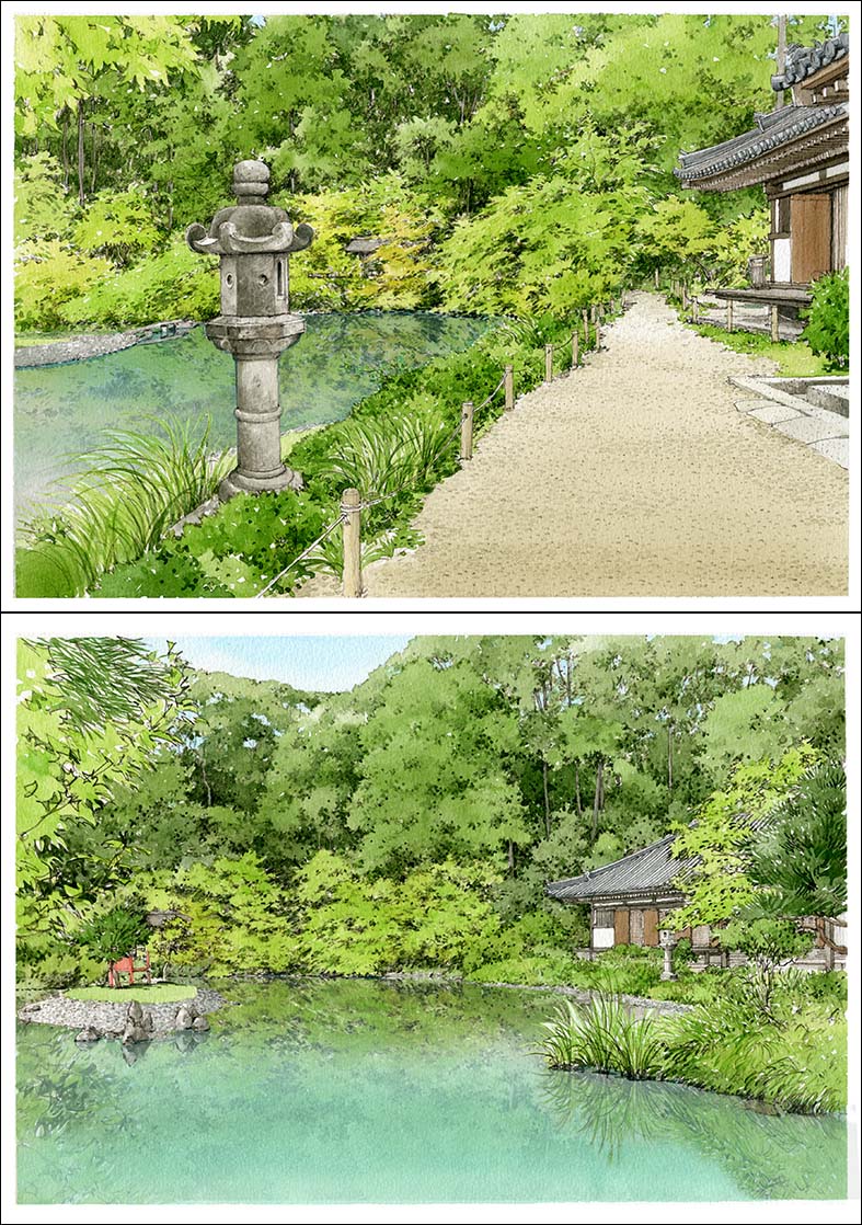 手描き浄瑠璃寺庭園パース　japanese garden perspective drawing