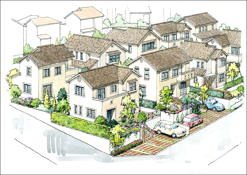 手書き住宅地パース　residential area image perspective drawing 