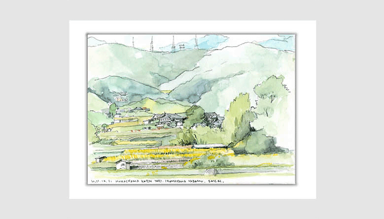 水彩画スケッチ watercolor sketch「向山より生駒山をのぞむ」