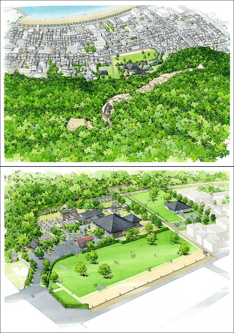 手書き城跡パース japanese castle bird's-eye view perspective drawing