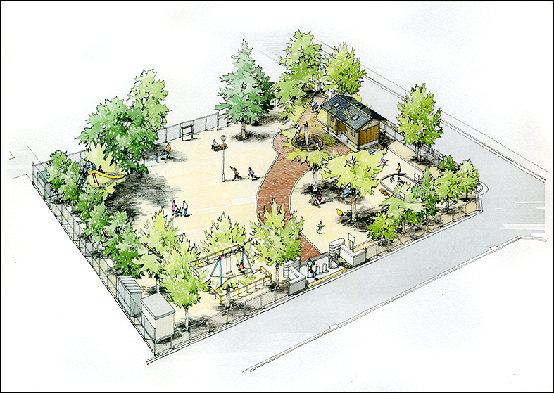 手描き児童公園鳥瞰パース　children's park perspective drawing