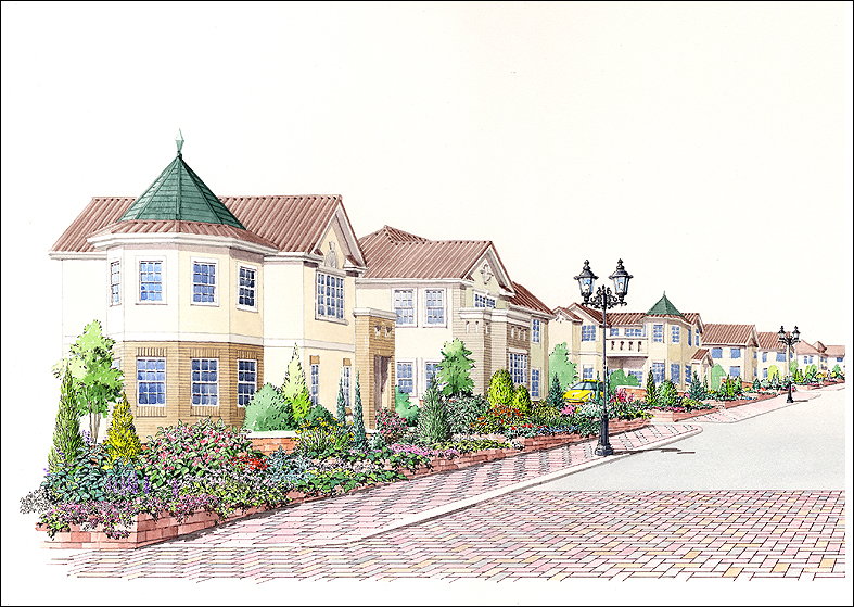 手描き住宅地水彩パース　residential street image perspective drawing 