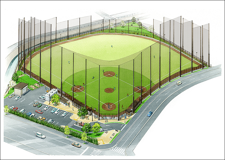 手書き野球場パース　baseball ground bird's-eye view drawing 
