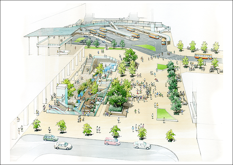 手書き駅前広場パース　station square bird's-eye view drawing