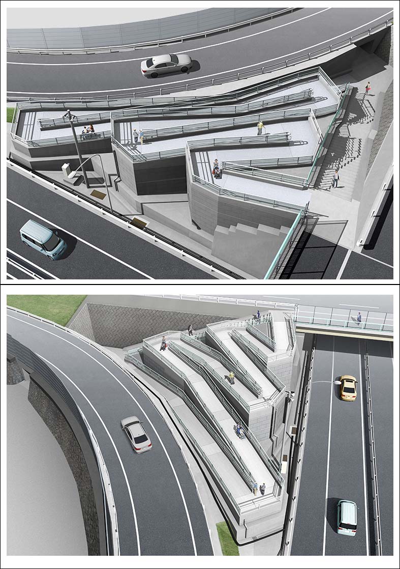 歩道　スロープパース　wheelchair ramp rendering image, photo montage