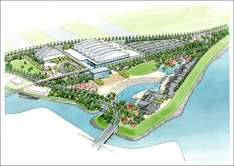 手描き河川公園パース　waterfront perspective drawing 