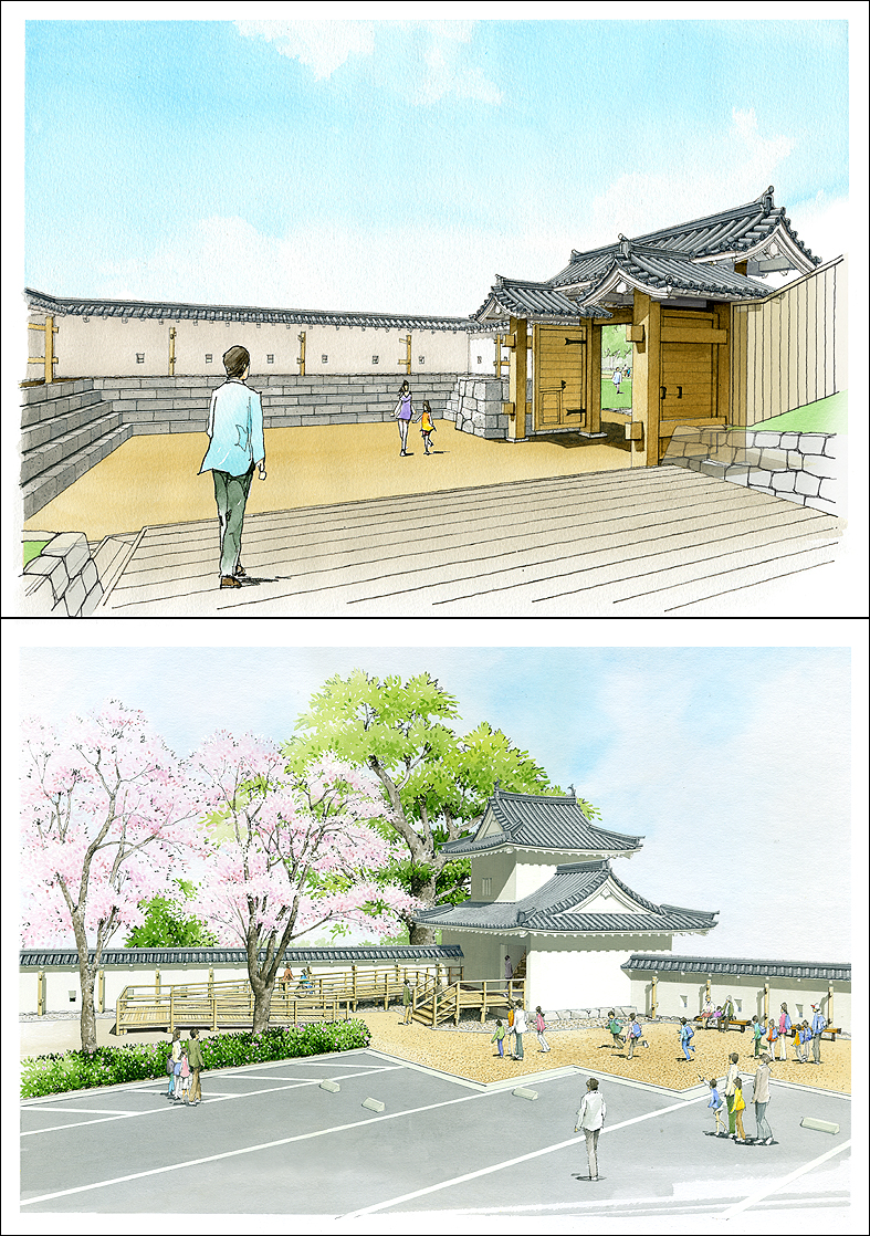 手描き　城郭パース　castle gate and scaffold image perspective