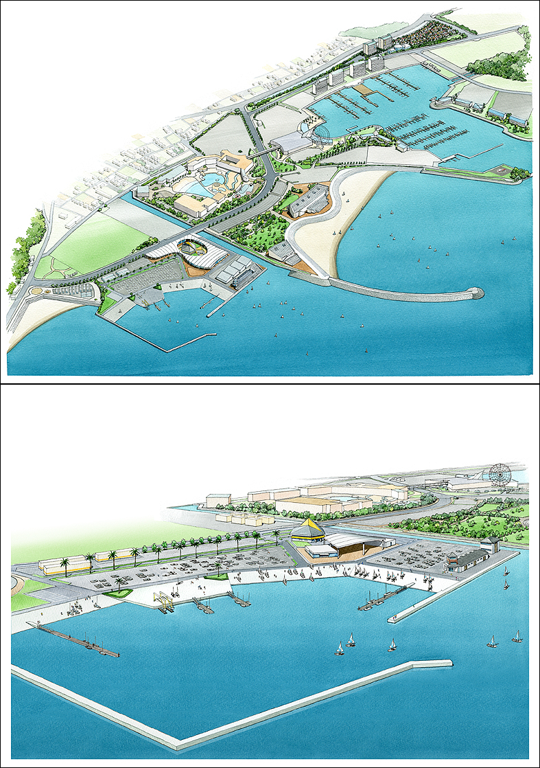 手描きヨットハーバーパース　yacht harbor perspective drawing