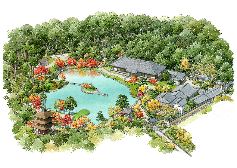 手描き日本庭園鳥瞰パース　japanese garden bird's-eye view drawing