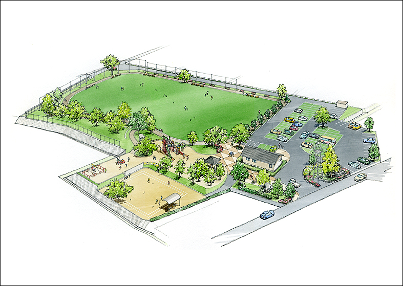 手描き公園鳥瞰パースbird's eye view park perspective drawing