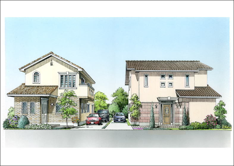 手描き住宅外観パース　house image perspective drawing 