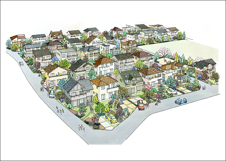 手描き住宅地イラスト　residential area image perspective illustration 