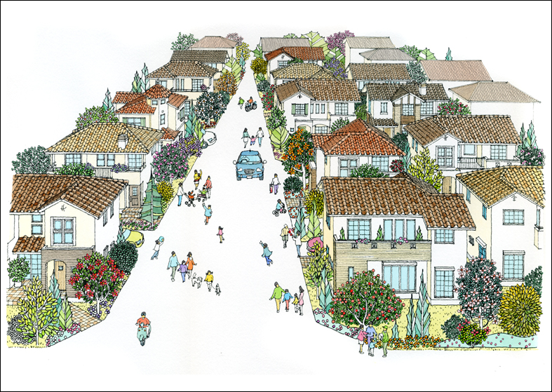 手描き住宅地イメージイラスト　residential area image perspective illustration 
