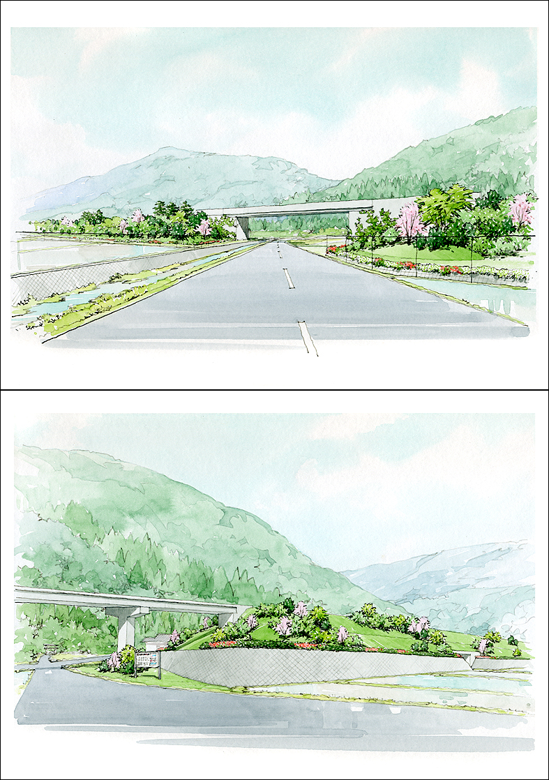 手描き道路水彩画パース road perspective drawing