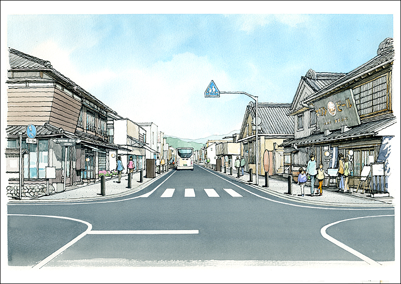 手描き観光地パース　tourist spot perspective drawing