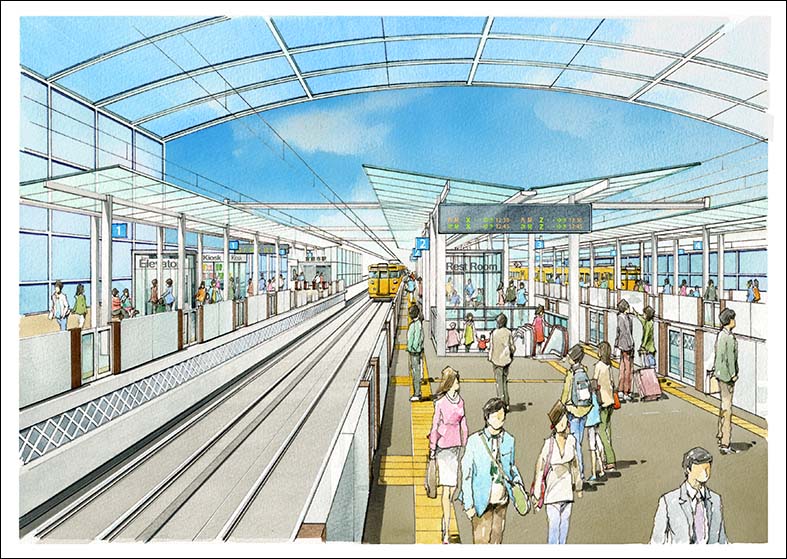 手描き駅ホームイメージパース　station platform perspective drawing