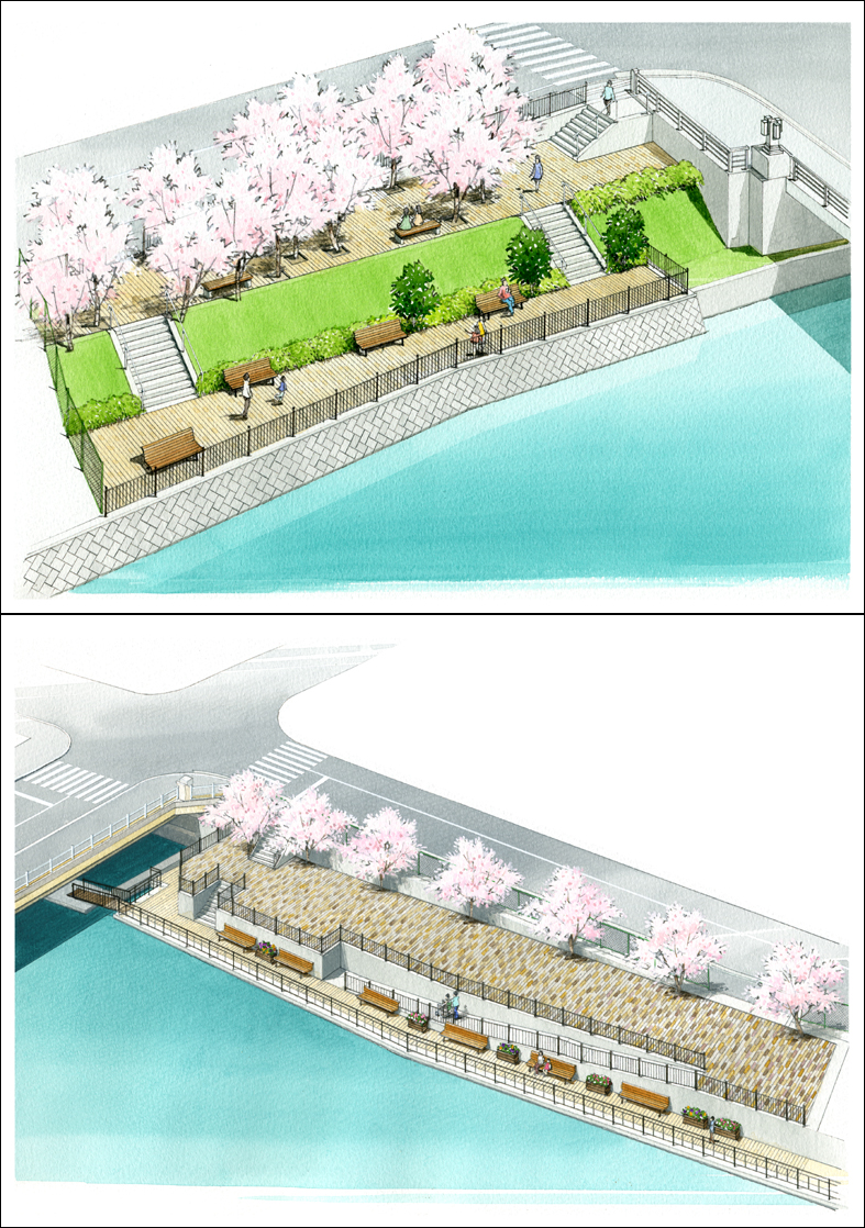 親水公園パース　river side image perspective drawing