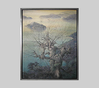 木製額縁 墨彩画 有名 古口翠芳 Suihou Koguchi 墨彩画 蛙 木製額縁
